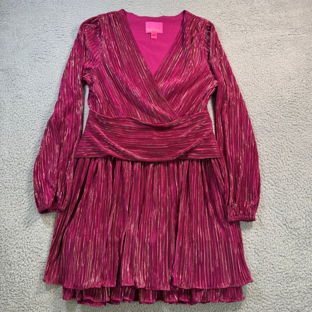 Lilly Pulitzer Metallic Pleated V-Neck Long Sleeve Dress Pink Gold Size 10